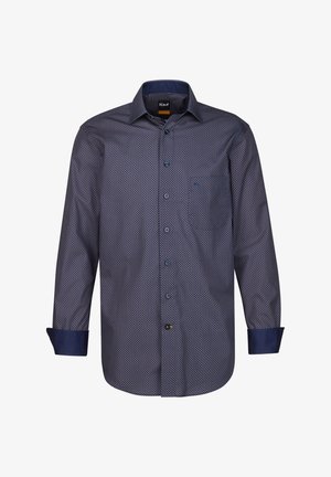 Camicia blu navy con un motivo geometrico, maniche lunghe, colletto a punta e polsini blu navy a contrasto. Presenta una tasca sul petto.
