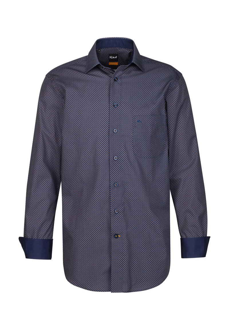 Camicia blu navy con un motivo geometrico, maniche lunghe, colletto a punta e polsini blu navy a contrasto. Presenta una tasca sul petto.