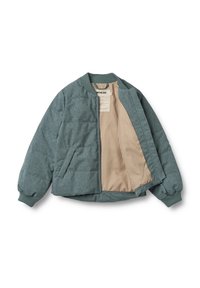 Hellblaue gesteppte Jacke mit einem gerippten Kragen und Bündchen. Das Innenfutter besteht aus einem karierten braunen Stoff. Mit Reißverschluss und seitlichen Taschen.