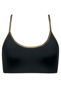 Czarny stanik z cienkimi, złotymi akcentami i gładkim, matowym wykończeniem. Charakteryzuje się prostym wzorem i zaokrąglonym kształtem.