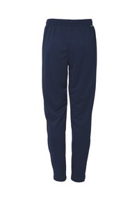 Navyblauwe sportbroek van lichtgewicht stof, met een elastische tailleband en taps toelopende benen, zonder zakken of zichtbare patronen.