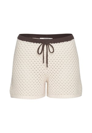 Cremafarbene Strickshorts mit braunem elastischem Bund und Kordelzug, mit einem strukturierten offenen Strickmuster und gerippten Beinabschlüssen.