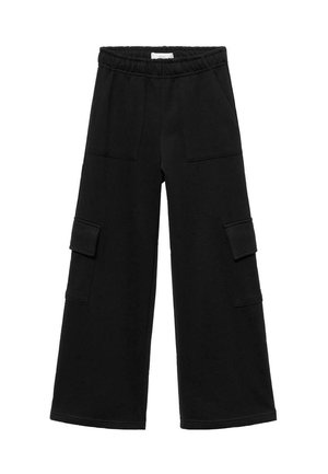 Schwarze weite Cargo-Hosen aus einem weichen Material, mit einem elastischen Bund, zwei Seitentaschen und zusätzlichen aufgesetzten Taschen an den Beinen.