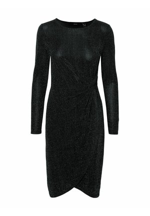 Black long-sleeve knee-length dress with shimmer fabric, round neckline, and gathered detail on one side of the waist.