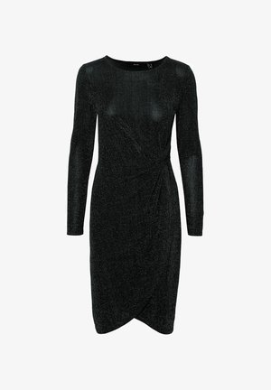 Robe noire à manches longues, longueur genou, en tissu scintillant, avec col rond et détail froncé sur un côté de la taille.