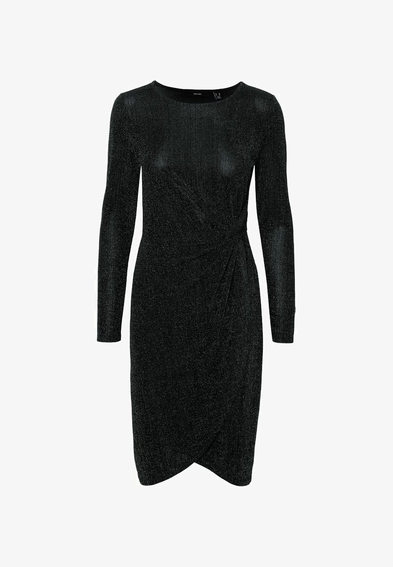 Robe noire à manches longues, longueur genou, en tissu scintillant, avec col rond et détail froncé sur un côté de la taille.