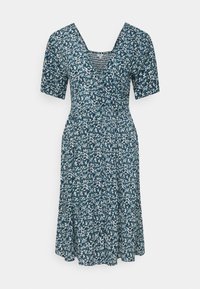 Vestido floral con un profundo escote en V, mangas cortas y una cintura ajustada. La tela presenta un fondo azul con patrones florales en blanco y verde.