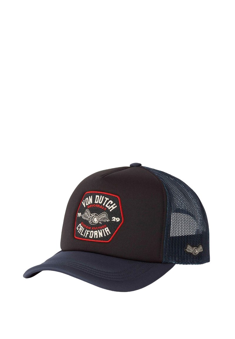 Casquette trucker noire et bleu marine avec un dos en mesh, ornée d'un patch brodé hexagonal avec "Von Dutch California" et des accents de logo ailés.