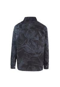 Camicia nera con motivo floreale in grigio scuro. Presenta un colletto e polsini con bottoni, realizzata in un tessuto a trama strutturata.