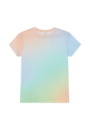 T-shirt z krótkim rękawem i okrągłym dekoltem, z pastelowym gradientem kolorów łączących brzoskwiniowy, niebieski, zielony i żółty, rozłożony na płasko na białym tle.