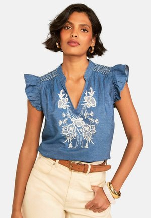 Love & Roses, REGULAR FIT - EMBROIDERED FLUTTER SHORT SLEEVE TOP - Bluse - mid blue