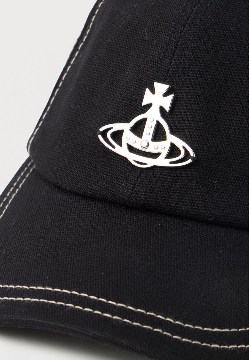 Black fabric cap with white stitching, featuring a silver metallic emblem of a crowned orb with a cross on top.