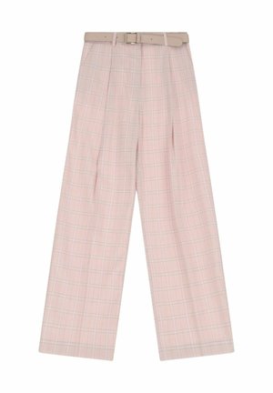 Pantaloni a quadri rosa chiaro con vestibilità rilassata, caratterizzati da un design a gamba larga e una cintura coordinata con una fibbia argentata.