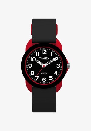 Timex sat sa crnim okruglim licem, crvenim naglascima, velikim bijelim oznakama za sate, crnom silikonskom trakom, i vodootporna do 30 metara.