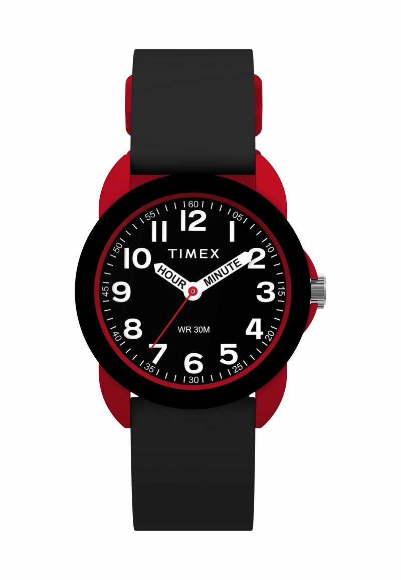 Zegarek Timex z czarną okrągłą tarczą, czerwonymi akcentami, dużymi białymi znacznikami godzin, czarnym silikonowym paskiem oraz wodoodpornością do 30 metrów.