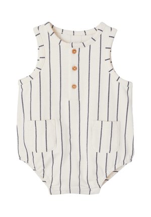 Sleeveless white baby romper with thin vertical navy stripes, three front wooden buttons, and two small front pockets.
