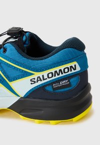 Blå og svart Salomon-sko med vanntett merking, mesh-struktur, forsterket hæl og lys gul såle for godt grep.