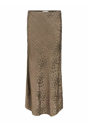 Langer, brauner Rock mit dezentem Blumenmuster und Seitenschlitz, aus leichtem, strukturiertem Stoff.