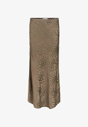 Lang, brun nederdel med subtilt blomsterprint og sideslids, lavet af lett, tekstureret stof.