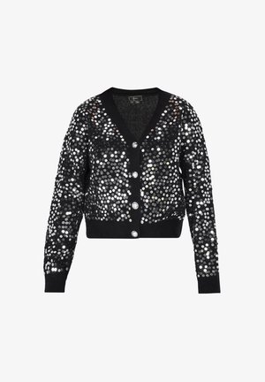 Fekete kardigán ezüst flitterekkel borítva, V-kivágással, bordás mandzsettákkal és szegéllyel, öt gombbal az elején.
