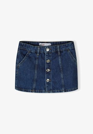 Denimowa mini spódnica w ciemnoniebieskim kolorze z przodem na pięć guzików, dwoma bocznymi kieszeniami oraz strukturalnym fasonem. Posiada widoczne szwy i miękką fakturę.