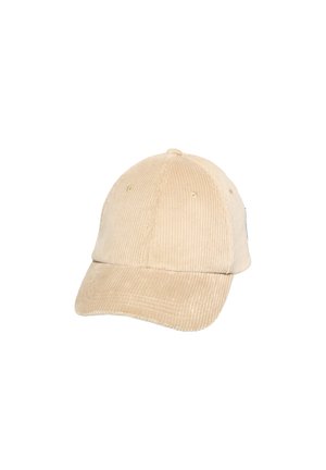 Beige Cord-Baseballkappe mit genähten Paneelen und gebogenem Schirm, dargestellt vor weißem Hintergrund.