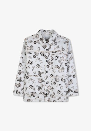 Chemise blanche à boutons avec une impression graphique en noir et blanc représentant diverses images amusantes, notamment de la nourriture et des jouets, avec un col classique.