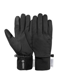 Schwarze Handschuhe aus wasserdichtem Material mit einer strukturierten Grip-Oberfläche auf der Handfläche. Verfügt über elastische Bündchen und Etiketten am Handgelenk.
