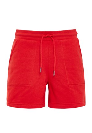 Rode katoenen shorts met een elastische tailleband met trekkoord, twee voorzakken en een zachte textuur. Casual pasvorm en eenvoudig ontwerp.