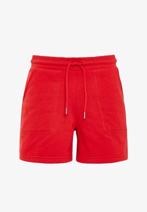 Czerwone bawełniane szorty z ściągaczem w talii, dwoma przednimi kieszeniami i miękką fakturą. Luźny krój i prosty design.