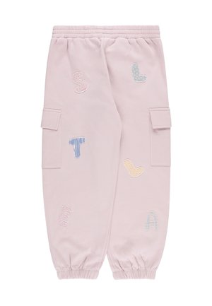 Pantaloni della tuta rosa chiaro con vita elastica, polsini a costine, tasche laterali e varie lettere ricamate colorate in diversi modelli.