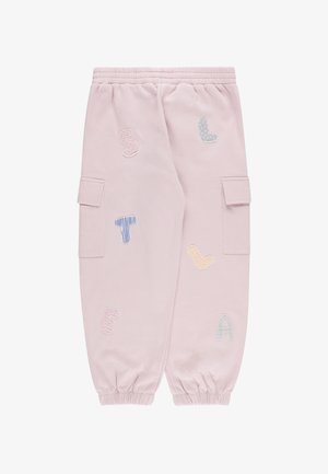Pantaloni della tuta rosa chiaro con vita elastica, polsini a costine, tasche laterali e varie lettere ricamate colorate in diversi modelli.