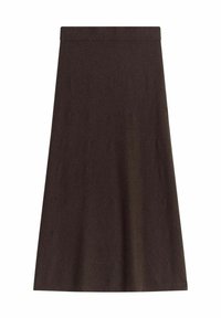 Ruskea A-linjainen hame, jossa on ribbatun vyötärönauha, valmistettu pehmeästä kankaasta, joka on sileäpintaista ja polven pituista.