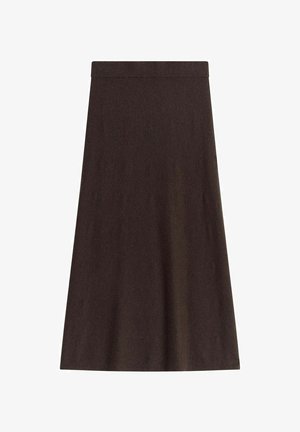 Brązowa spódnica w kształcie litery A z prążkowanym pasem, wykonana z miękkiego materiału, charakteryzująca się gładką fakturą i długością do kolan.