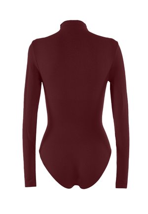 Burgunderfarbener Langarm-Bodysuit mit hohem Kragen, figurbetontem Design, glatter Textur und vollständiger Abdeckung am Rücken. Keine sichtbaren Öffnungen oder Verschlüsse.