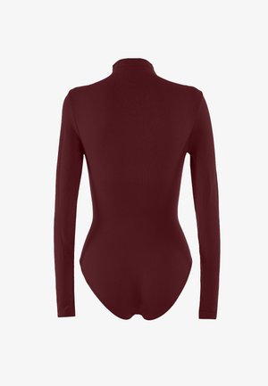Body a maniche lunghe bordeaux con collo alto, design aderente, texture liscia e copertura totale nella parte posteriore. Nessuna apertura o chiusura visibile.