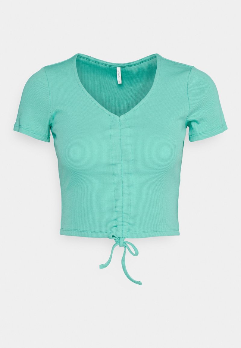 T-shirt court vert menthe en tissu côtelé. Présente un col en V, des manches courtes et un cordon de serrage à l'avant pour régler l'ajustement.