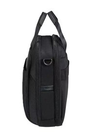 Borsa nera di forma rettangolare, realizzata in tessuto testurizzato. Presenta doppie cerniere, una tasca laterale e una maniglia superiore per un facile trasporto.