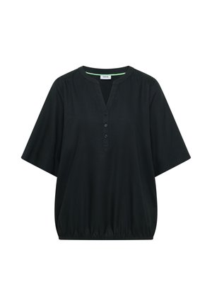 Blouse noire à manches courtes avec col en V, trois boutons sur le devant, coupe ample et ourlet élastique.
