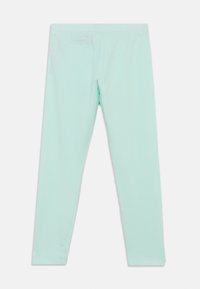 Mintgrüne Leggings aus einem glatten, dehnbaren Stoff. Sie verfügen über einen elastischen Bund und eine dezente Logo-Prägung in der Nähe des Bundes.