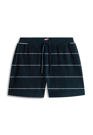 Pantalones cortos de rizo azul marino con rayas horizontales blancas, cintura elástica y cordón frontal.