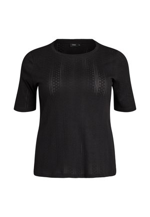 Sort strikbluse med korte ærmer, rund halsudskæring og subtile vertikale teksturmønstre over hele stoffet.