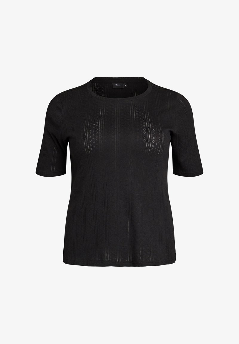 Černý krátký pletený top s krátkými rukávy, kulatým výstřihem a jemnými vertikálními texturovanými vzory po celé látce.