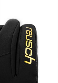 Guantes negros con una textura suave, que presentan un destacado logo amarillo "reusch". Diseñados para proporcionar calidez y comodidad en condiciones frías.