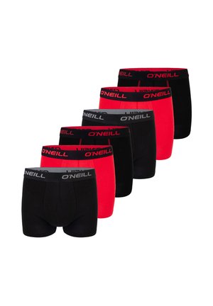 Fünf Paar Herren-Boxershorts in wechselnden Schwarz- und Rottönen mit O'Neill-Logo am Bund.