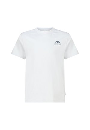 Witte T-shirt met korte mouwen, klein donkerblauw golflogo en tekst "Into the Waves, Venice Beach CA" op de linkerborst.