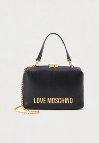 Black faux leather handbag with a structured shape, gold hardware, a top handle, and a detachable chain strap. Features embossed "LOVE MOSCHINO" logo.