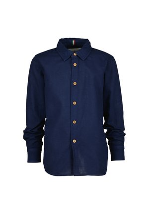 Granatowa koszula na długi rękaw z brązowymi guzikami i standardowym kołnierzykiem, prezentowana na białym tle.