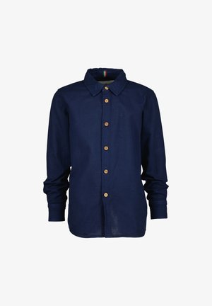 Chemise à manches longues bleu marine avec boutons marron et col standard, présentée sur fond blanc.