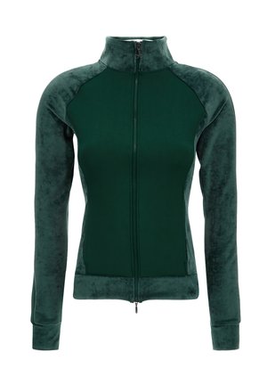Groene ritsjack met een hoge kraag, vervaardigd uit een zachte, gestructureerde stof en gladde zijkanten. Het heeft lange mouwen en een aansluitend ontwerp.